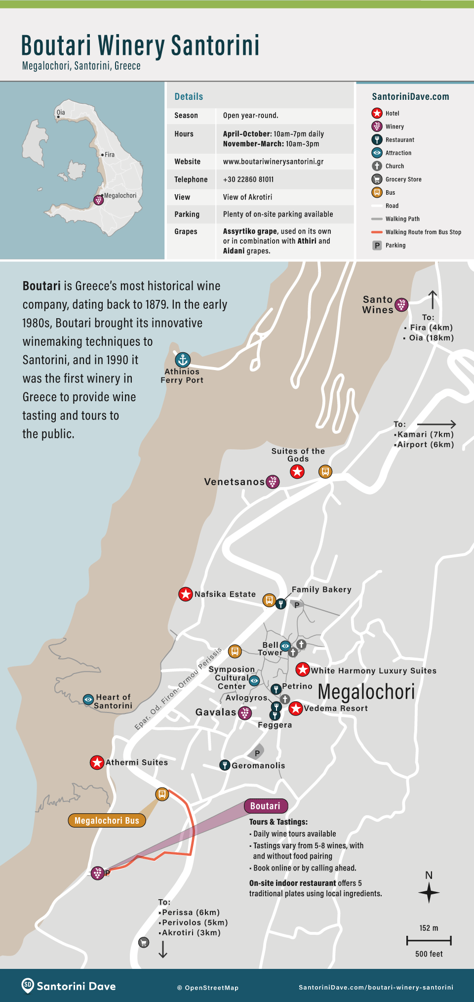 Map showing the location and surrounding hotels and attractions of Boutari Winery in Santorini