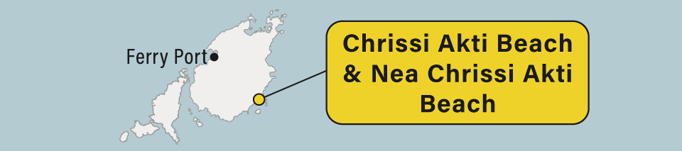 A map of Chrissi Akti Beach and Nea Chrissi Akti Beach on Paros island in Greece.