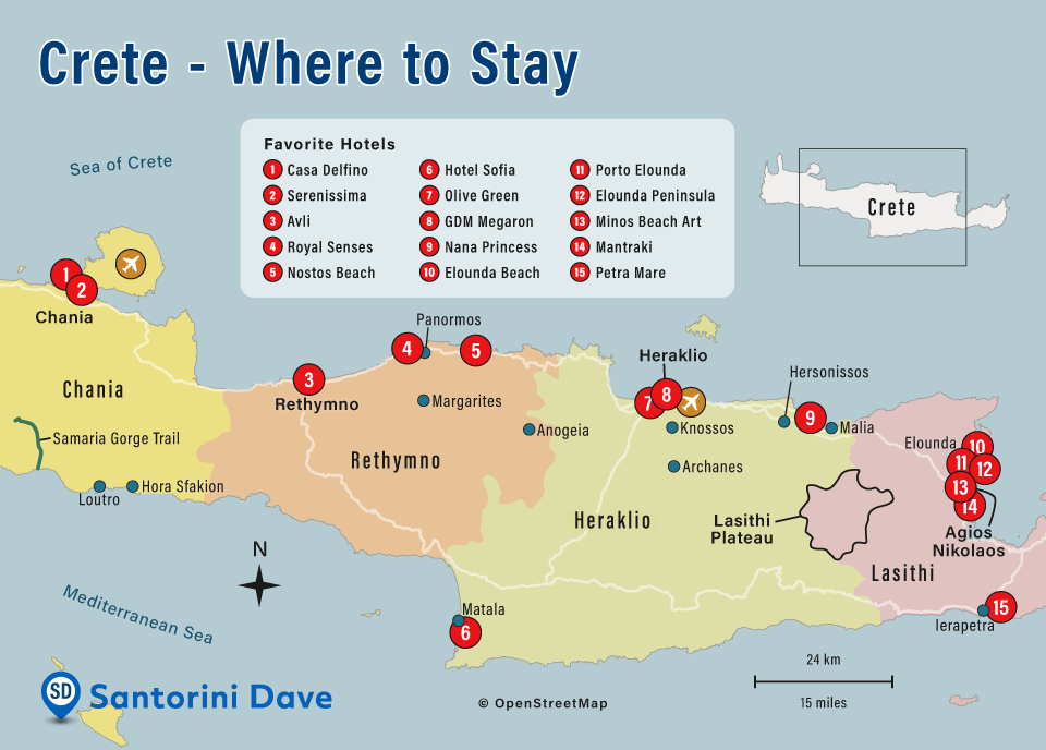 Map showing the location of the best hotels on the island of Crete in Greece.