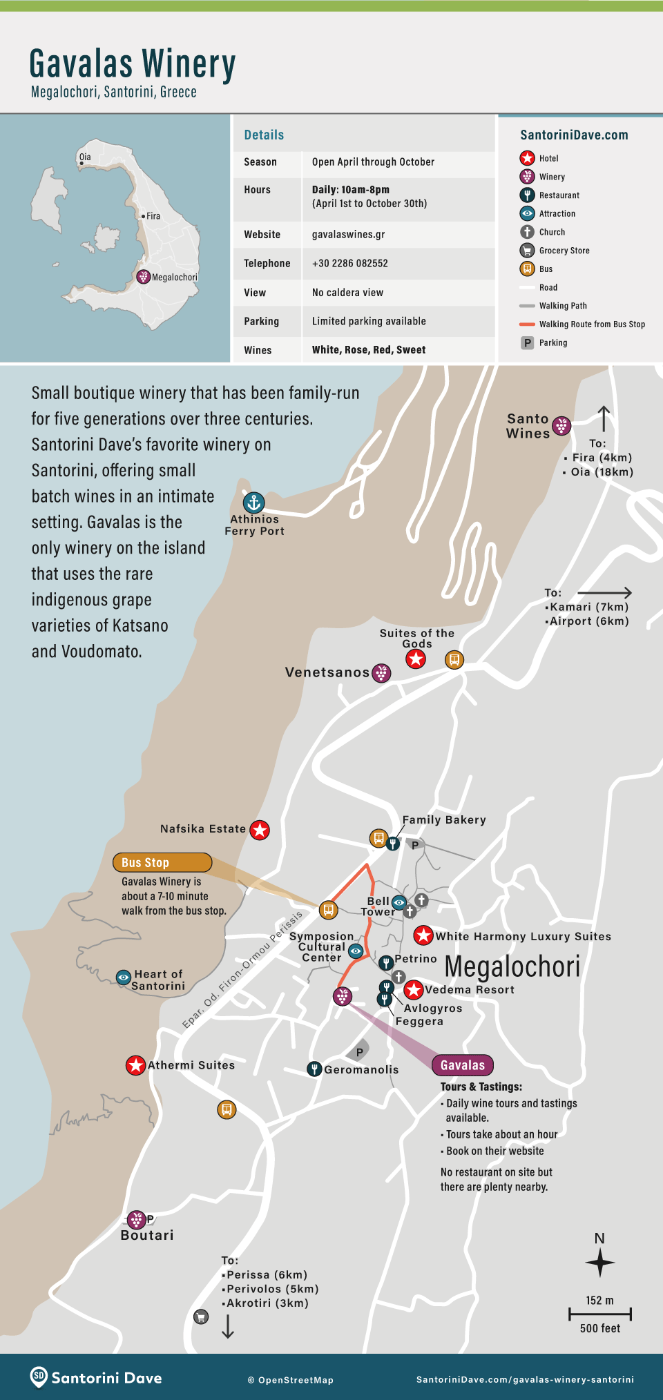 Map of the area surrounding Gavalas Winery in Santorini.