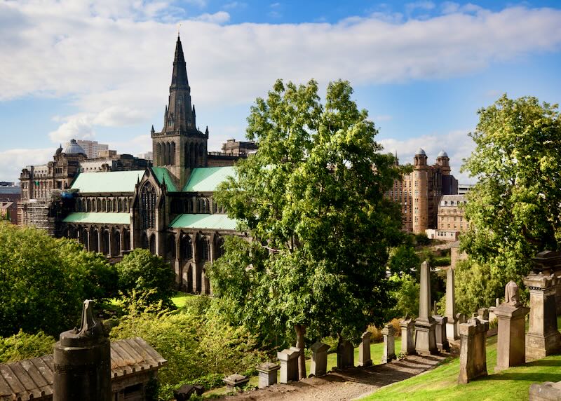 View of Glasgow cathedral from a hilltop cemetery