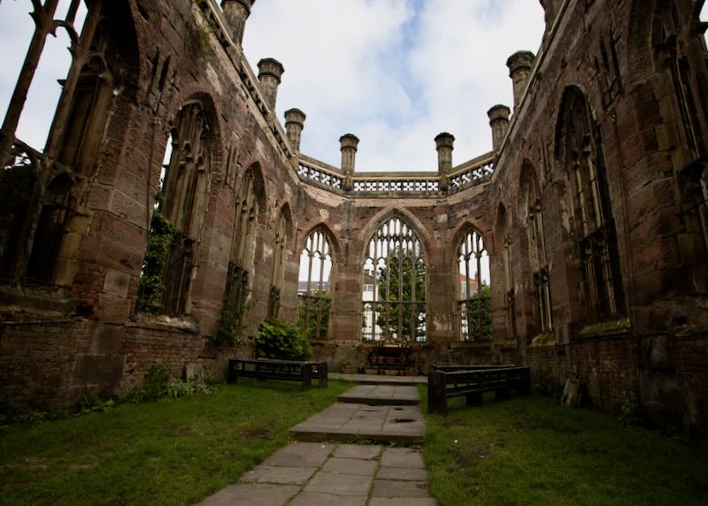 Inside view of the of Bombed Out Church, St Luke's, in Liverpool UK.