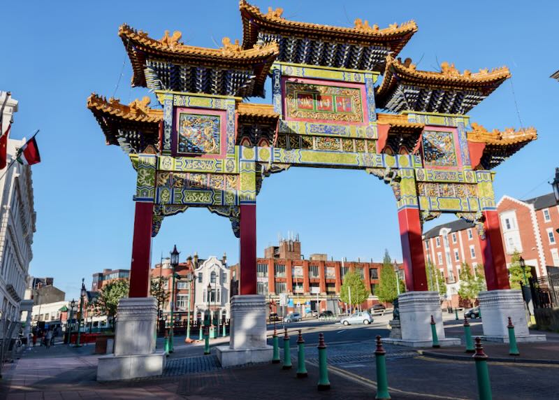 Traditional arched entrance of chinatown in Liverpool, UK.