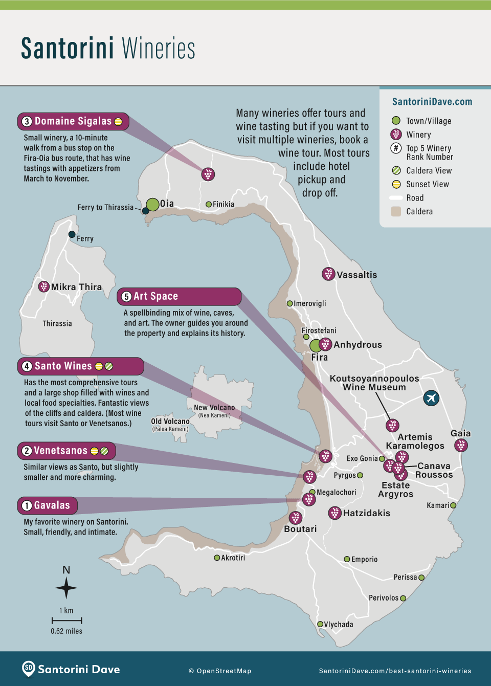 Map showing the locations of all wineries on Santorini, and providing information about the top ones to visit