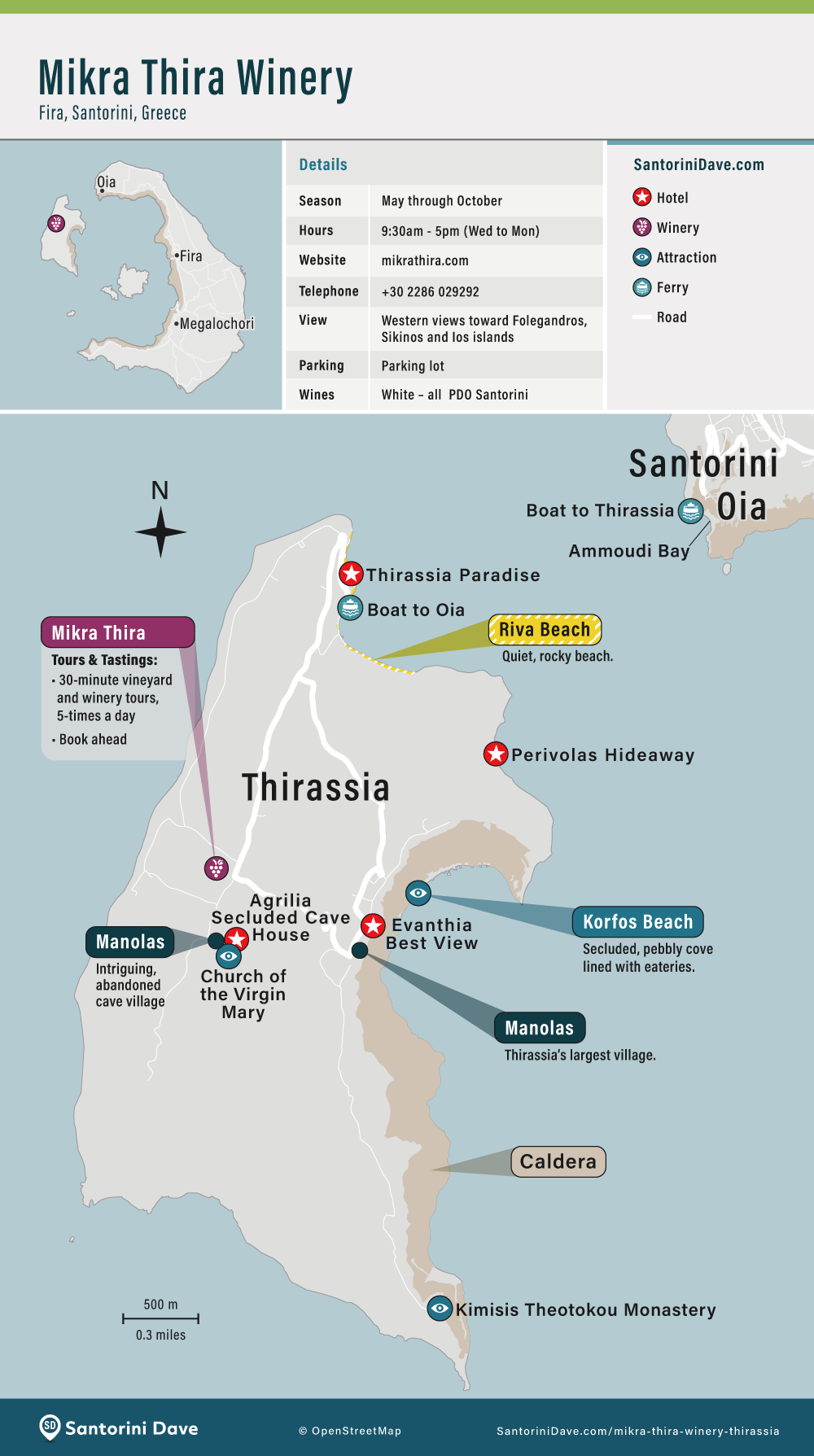 Map showing the location of Mikra Thira winery on the island of Thirassia in Greece.