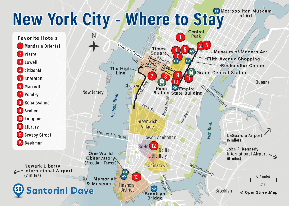 Map showing the locations of the best hotels to stay in in Manhattan