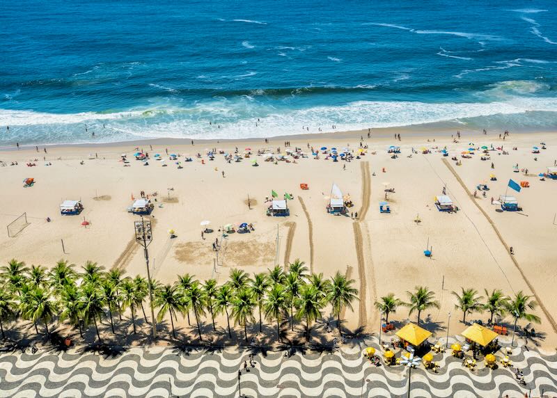 Copacabana Beach from high angle, showing the black and white wave pattern of the beach promenade
