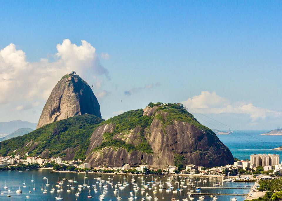 View of Brazil's Sugarloaf Mountain on a sunny day.