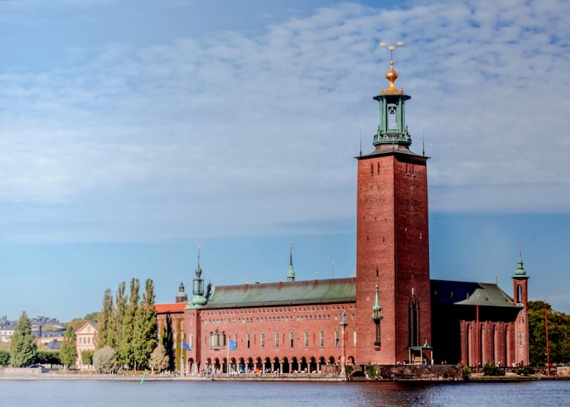 Stockholm City Hall on the eastern tip of Kungsholmen island on a  sunny summer day.