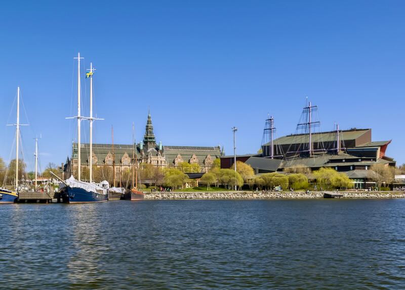 View from the water of The Nordic Museum and Vasa Museums located on Djurgarden island, Stockholm.