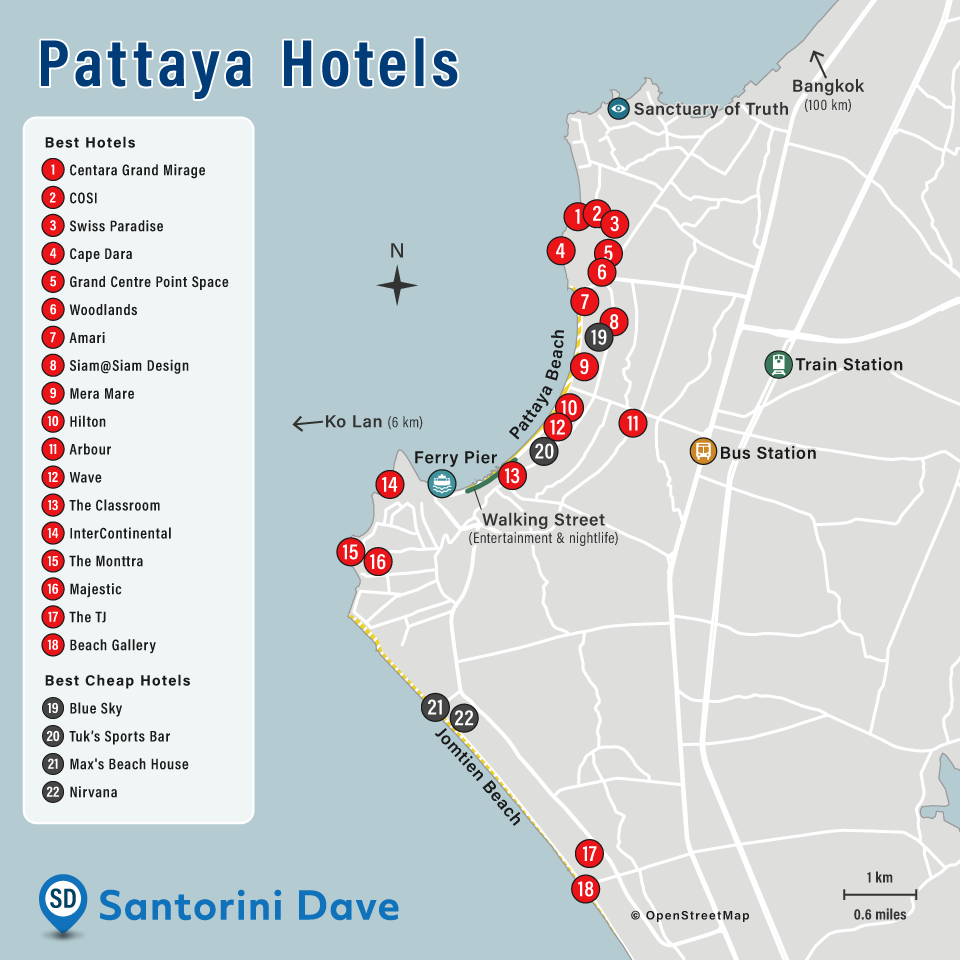 Map of hotels in Pattaya, Thailand.