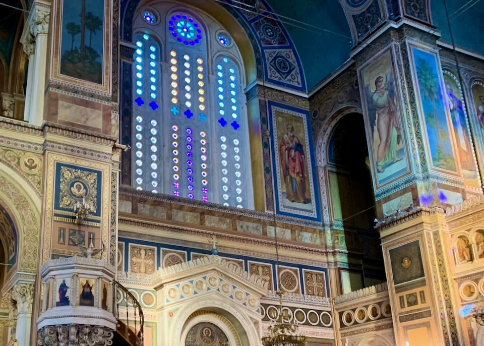 Colorful stained glass windows in the Metropolitan Cathedral of Athens