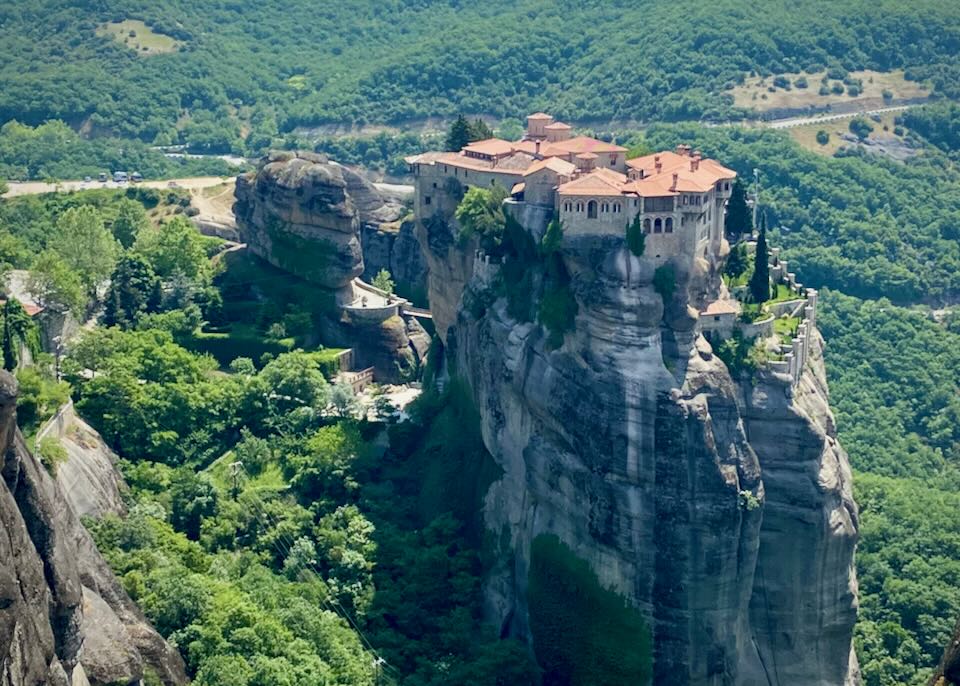 A Greek Orthodox monastery perched high on a basalt cliff
