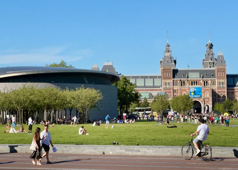 View of the Rijksmuseum and Van Gogh Museum in Amsterdam on a sunny day