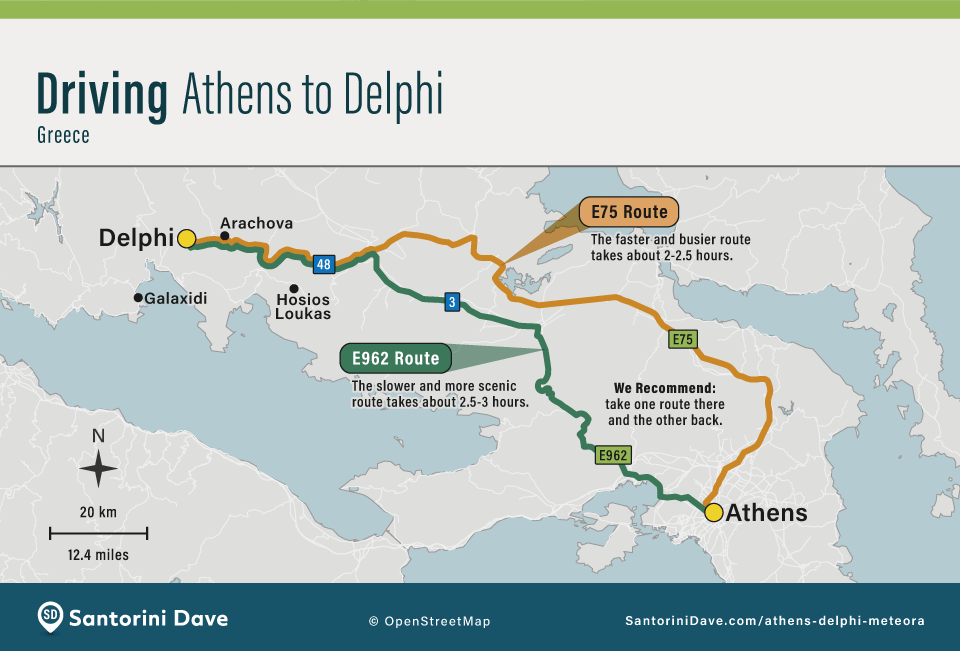 Map showing the driving routes between Athens and Delphi Greece.