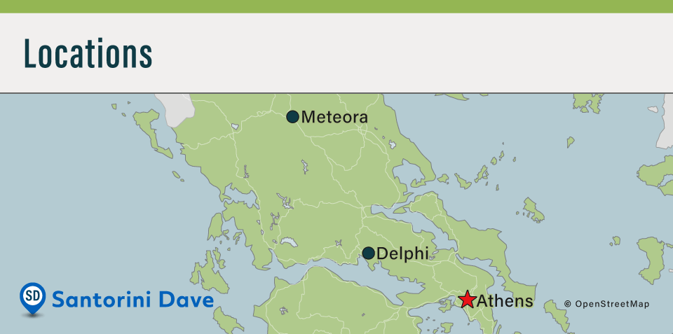 Map showing the location of Delphi and the Meteora in Greece, in relation to Athens. 