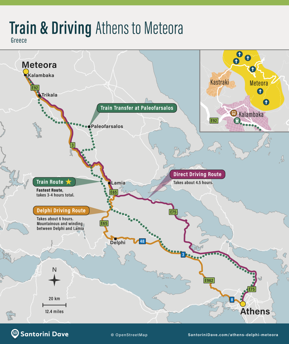 Map showing the train and driving routes between Athens and the Meteora in Greece