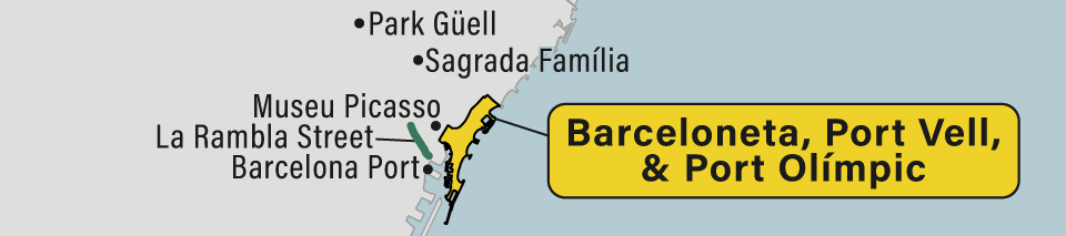 A map of the Barceloneta, Port Vell, & Port Olímpic neighborhood in Barcelona, Spain.