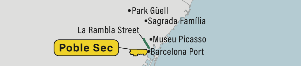 A map of the Poble Sec neighborhood in Barcelona, Spain.