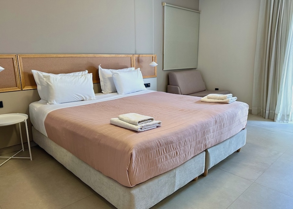 Modern minimalist decor in pink and gray at Elafonisi Resort in Crete