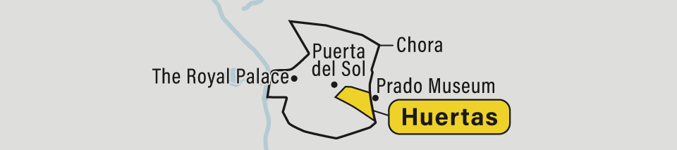 A map showing the Huertas neighborhood in Madrid, Spain.