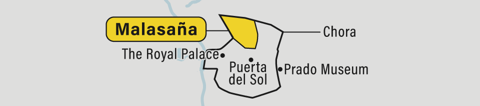 A map showing the Malasana neighborhood in Madrid, Spain.