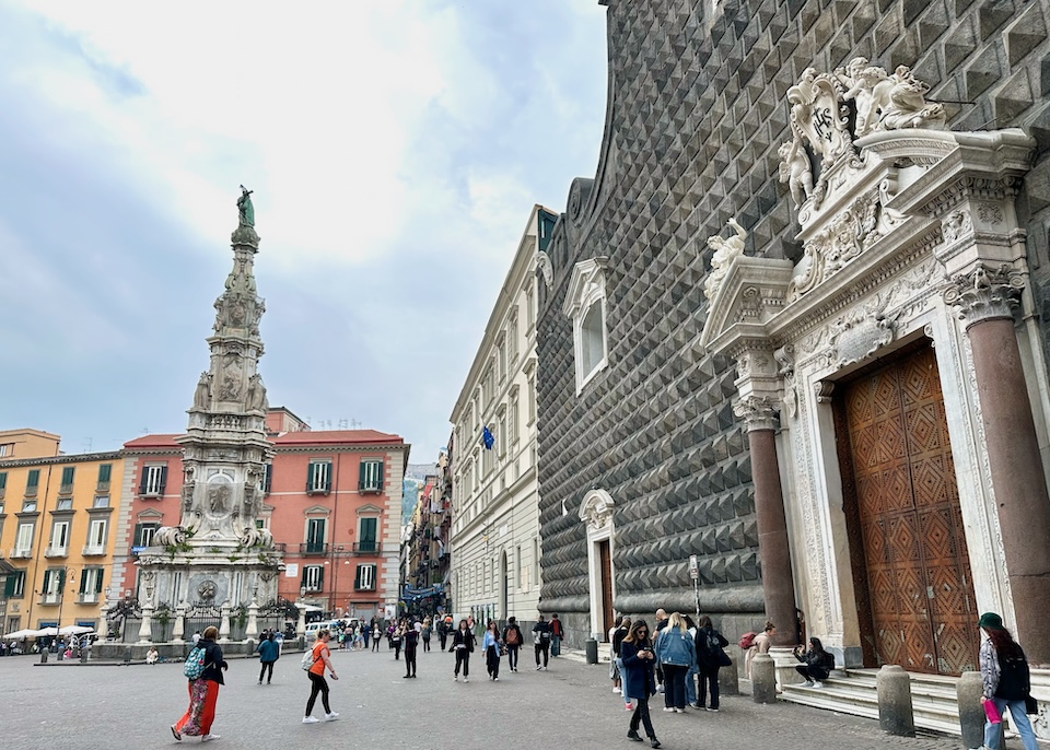 Diamond-studded facade of Gesu Nuovo church and piazza in Naples