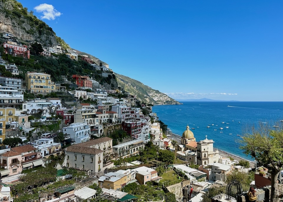 Overlooking Positano and its church, beach, and sea from the hills behind the town