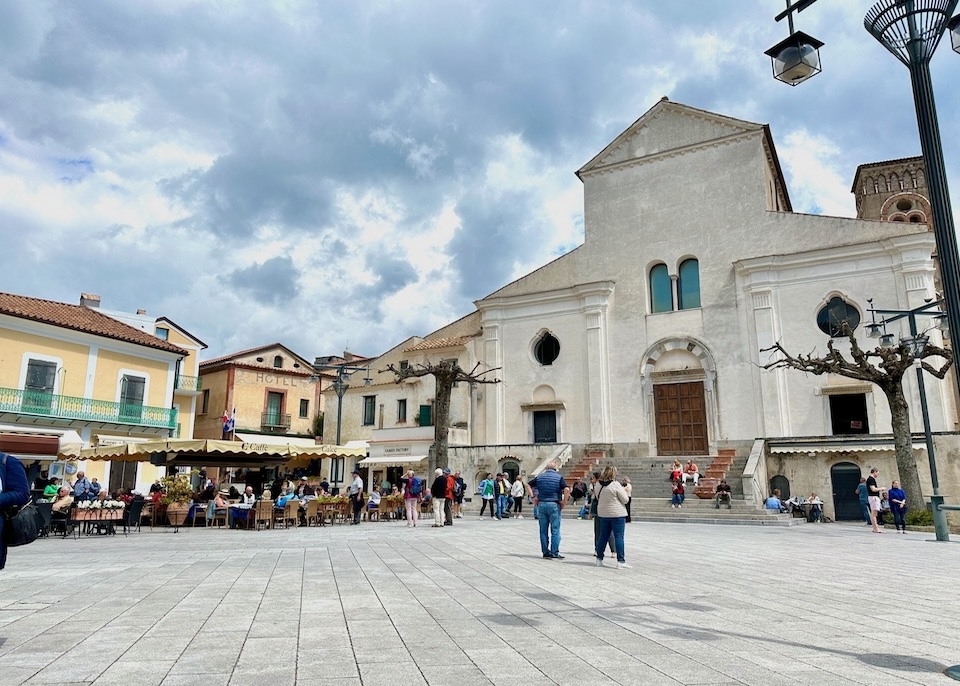 The main square, Piazza Vescovado, in Ravello with the duomo and cafes