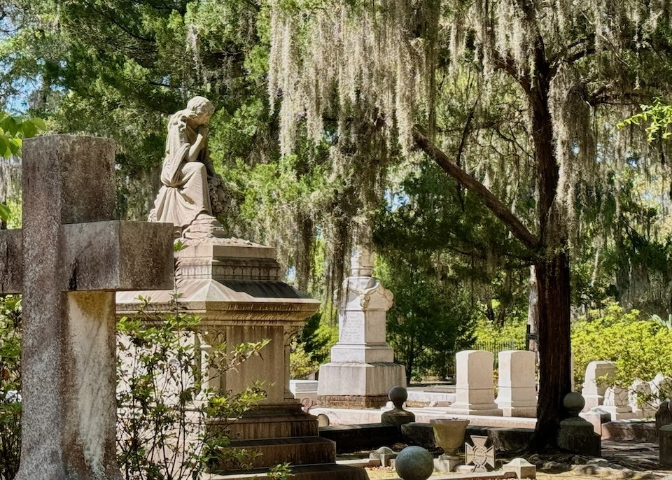 Bonaventure Cemetery with statues and trees covered in Spanish moss in Savannah