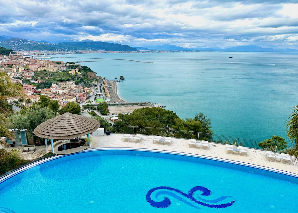 Hilltop swimming pool overlooking the sea and Vietri sul Mare with Salerno in the distance at Hotel Raito