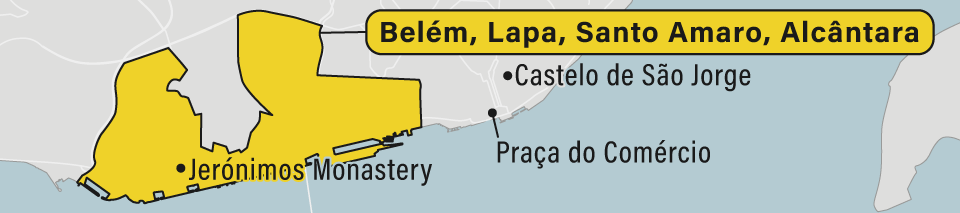 A map showing the Belem and Alcantara neighborhoods in Lisbon, Portugal.