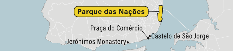 A map showing the Parque das Nacoes neighborhood in Lisbon, Portugal.