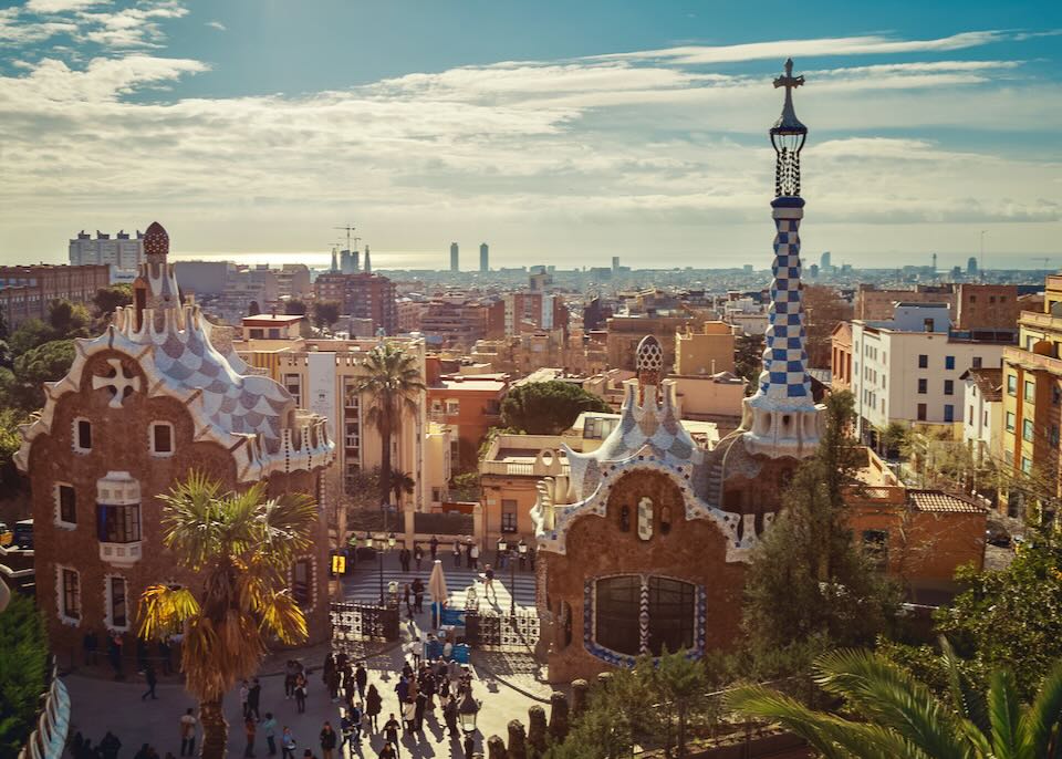 Overhead view of Gaudi's colorful Parc Guell in Barcelona