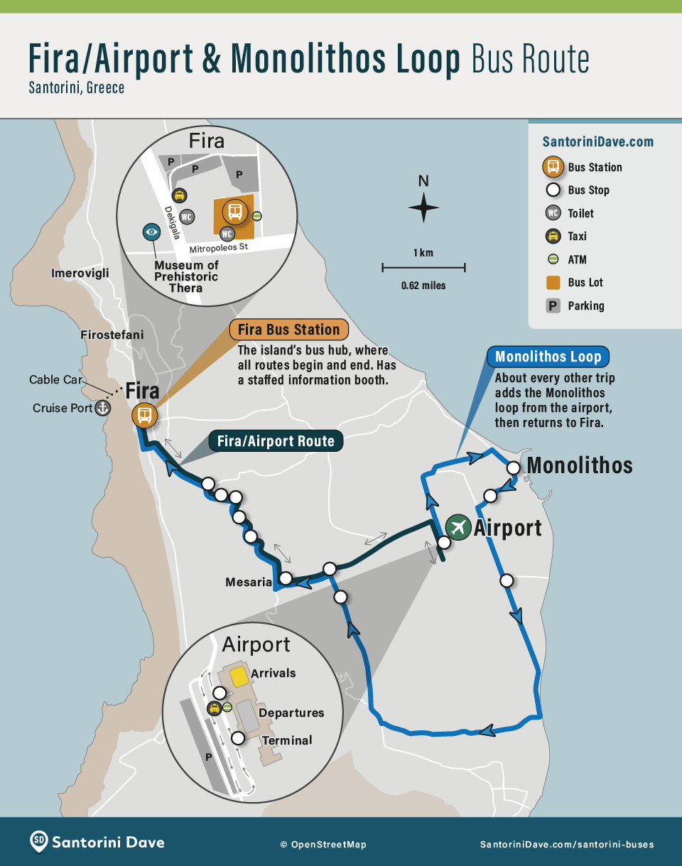 Map of the bus route from Fira to the Airport and Monolithos Santorini.