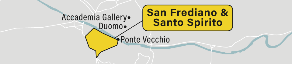 A map showing the San Frediano and Santo Spirito neighborhoods in Florence, Italy.