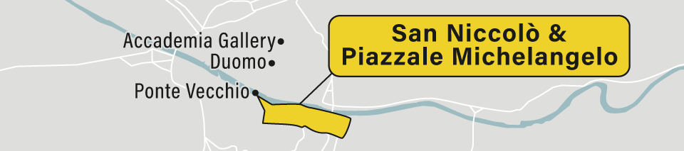 A map showing the San Niccolo and Piazzale Michelangelo neighborhoods in Florence, Italy.