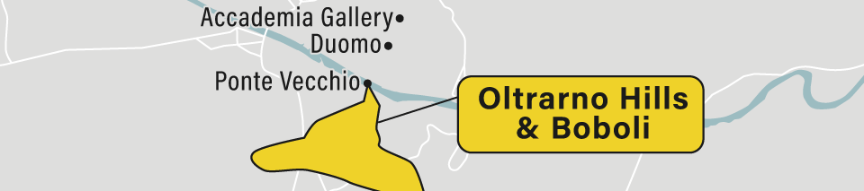 A map showing the Oltrarno Hills and Boboli neighborhoods in Florence, Italy.