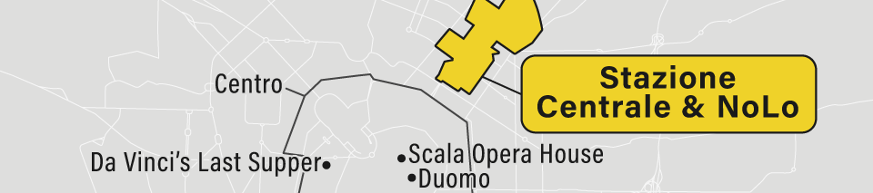A map showing the Stazione Centrale and NoLo neighborhoods in Milan, Italy.