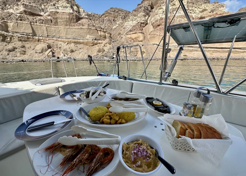 Lunch on a Santorini boat tour.