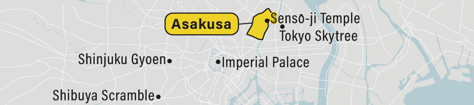 A map showing the Asakusa neighborhood in Tokyo, Japan.