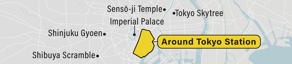 A map showing the neighborhood around Tokyo Station in Tokyo, Japan.