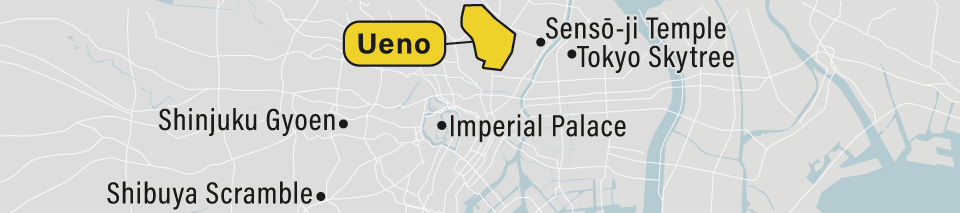 A map showing the Ueno neighborhood in Tokyo, Japan.