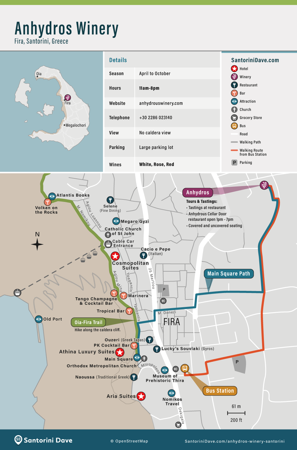 Map showing the location and attractions near Anhydrous winery in Fira, Santorini