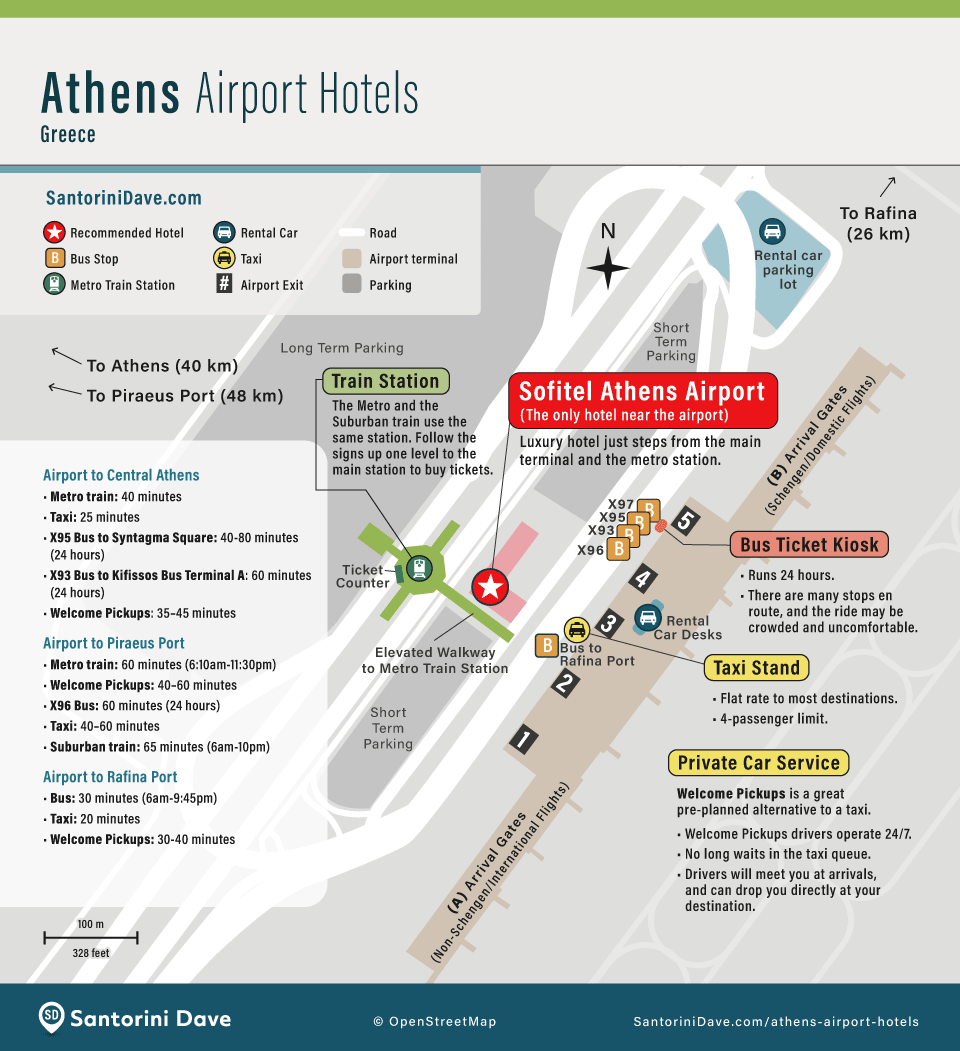 Map showing the best hotel at Athens airport and transportation options from the airport.