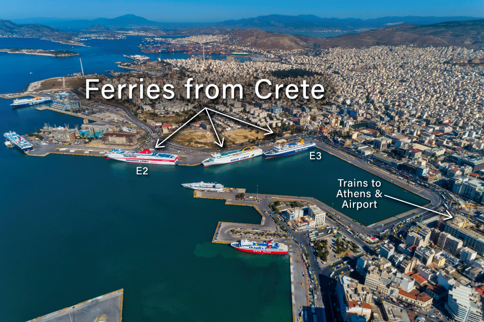 Ferries arriving in Athens from Chania and Heraklio.