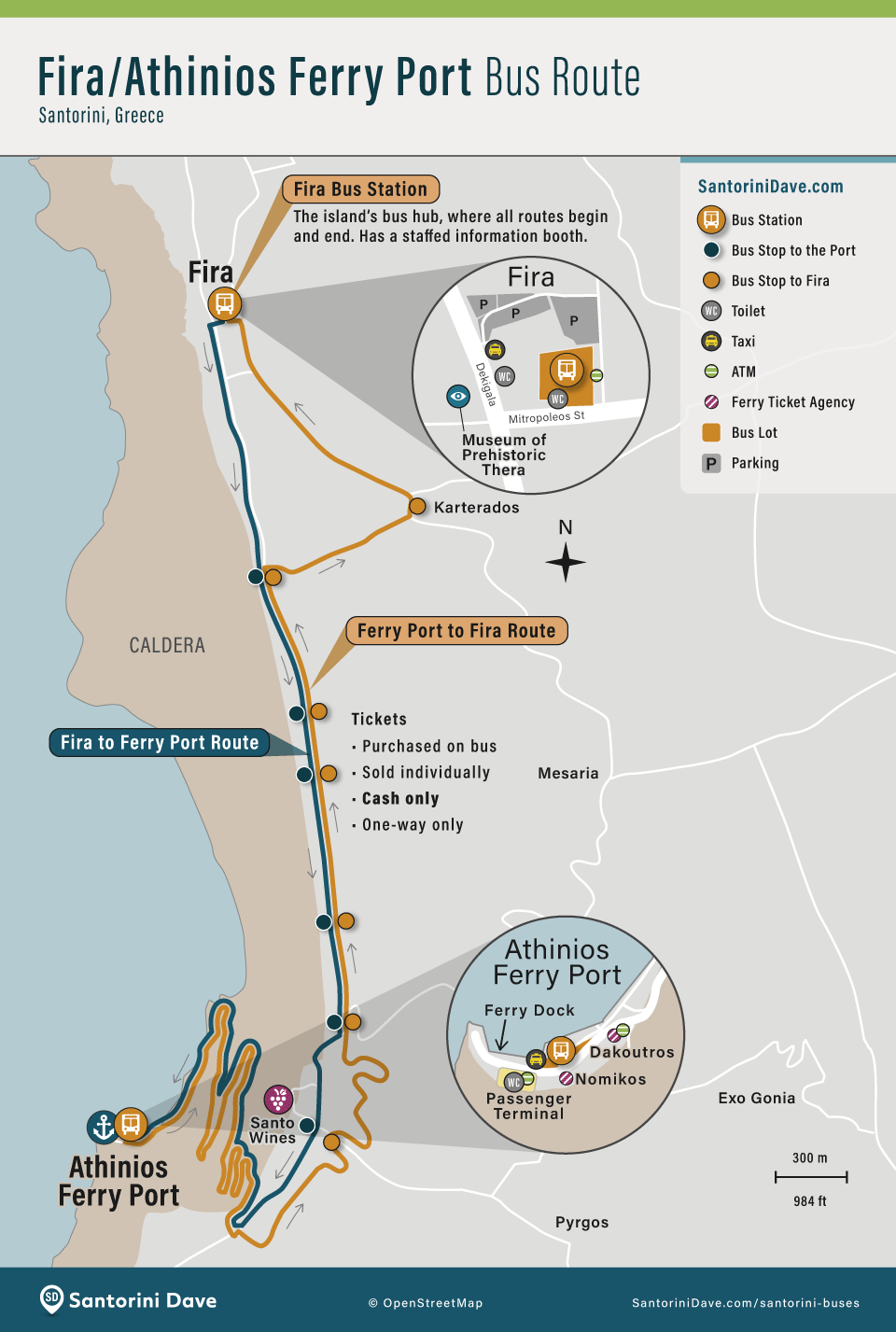 Map of the Fira to Athinios Ferry Port bus route
