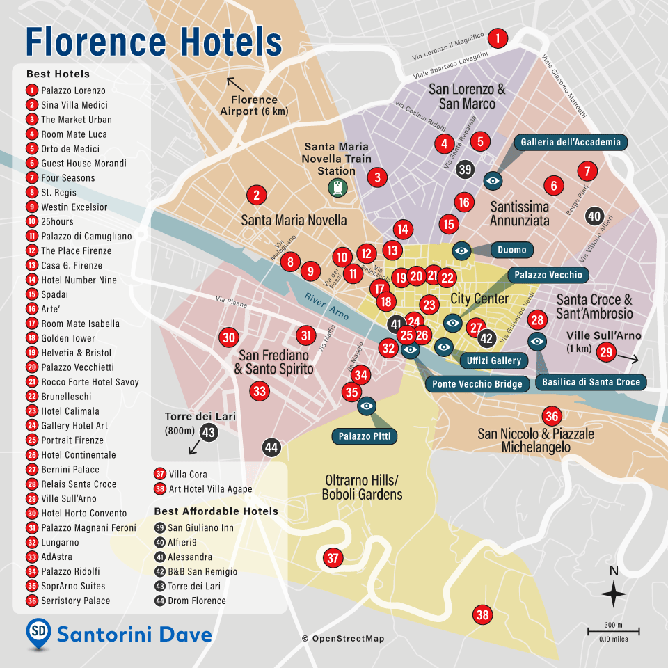 Map of Florence best hotels and neighborhoods.