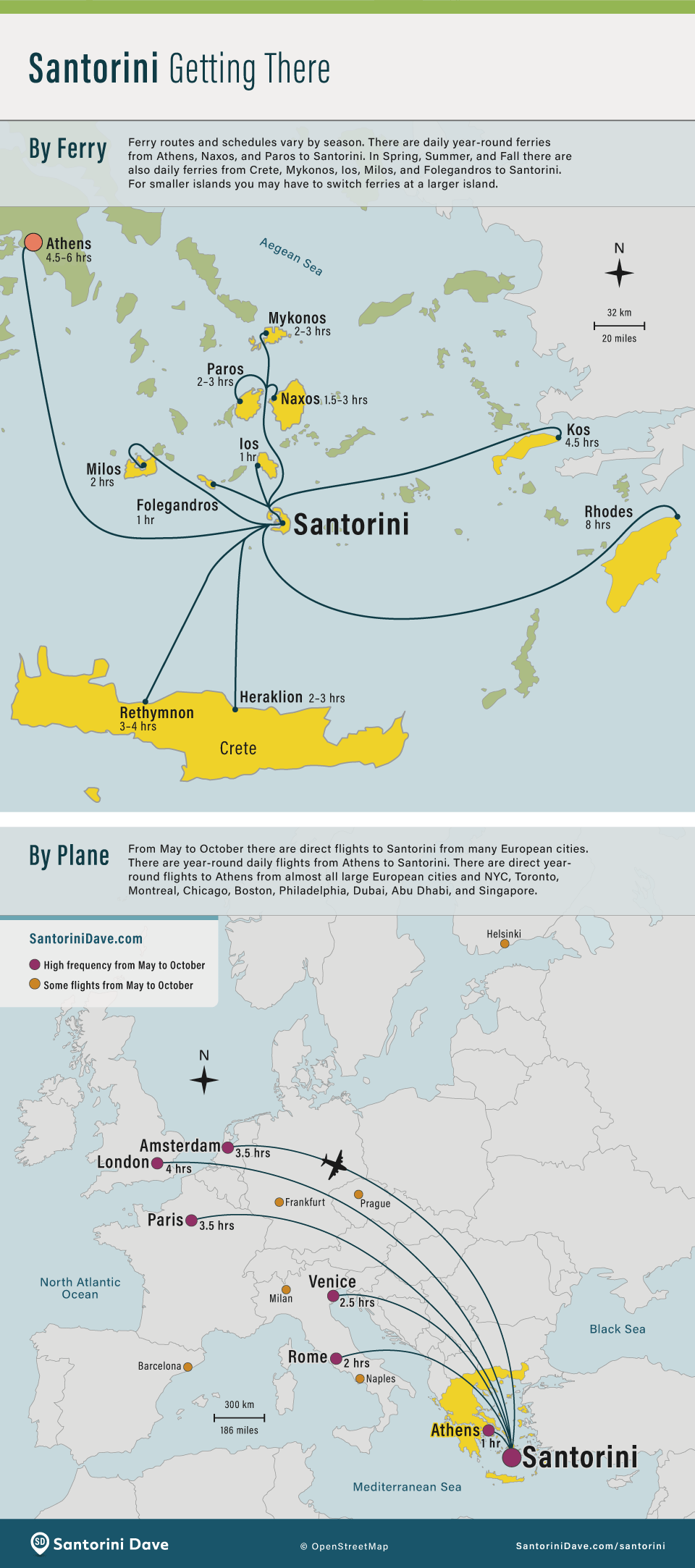 Map showing possible air and sea routes to Santorini, Greece