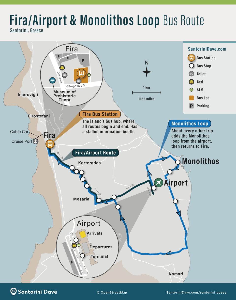 Map of the bus route from Fira to the Airport and Monolithos Santorini.